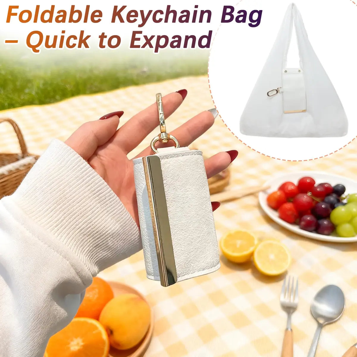 Keychain Foldable Tote Bag – Nylon &Leather, Expandable Design 👜🔑