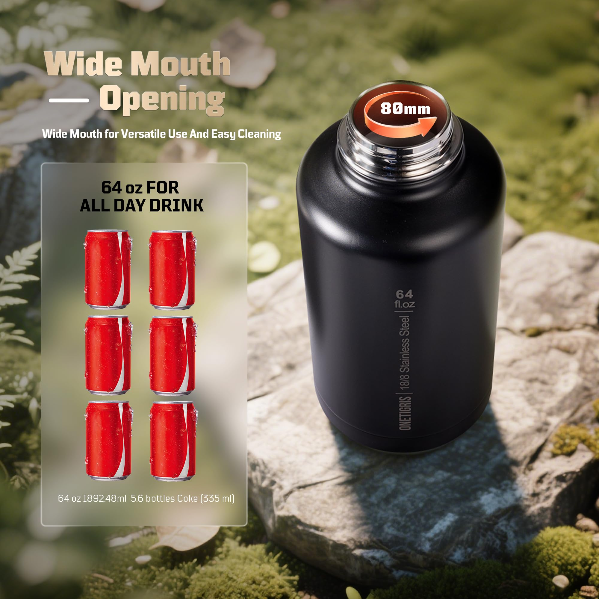 64 oz Tactical Water Bottle – Vacuum Insulated, 3 BPA-Free Lids, Includes MOLLE Pouch