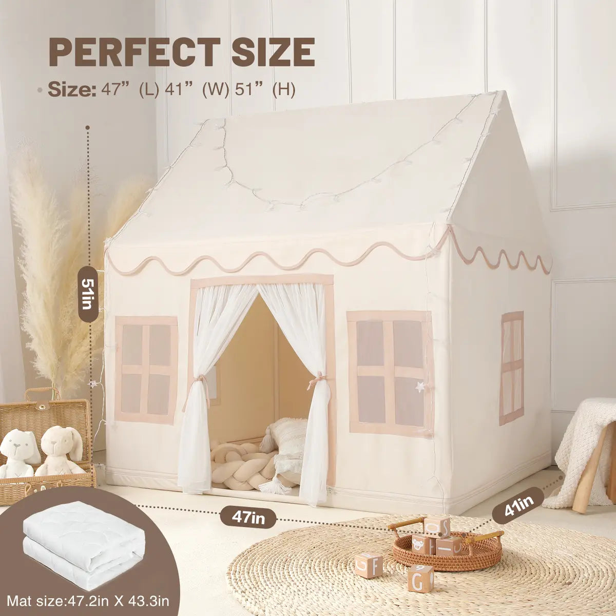Beige Kids Play Tent with Star Lights &Mat – 47″ Playhouse 🎪🌟