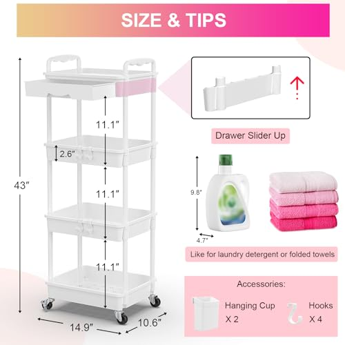 4-Tier Rolling Utility Cart – Lockable Wheels, Removable Drawer, Multi-Room Organizer