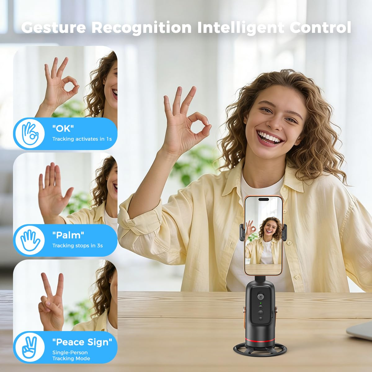 Auto Tracking Tripod with Gesture Control – 360° Rotating Phone Stand for Vlog & Live Streaming