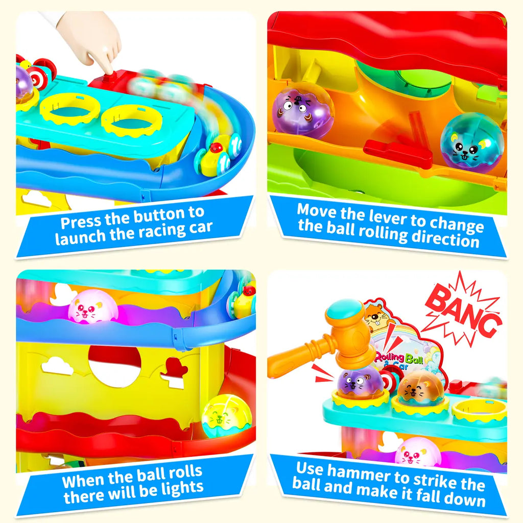 👧🌺Children's Day gift🔥2-in-1 Rolling Ball & Car Ramp Toy – Montessori Learning Game with Hammer & Lights
