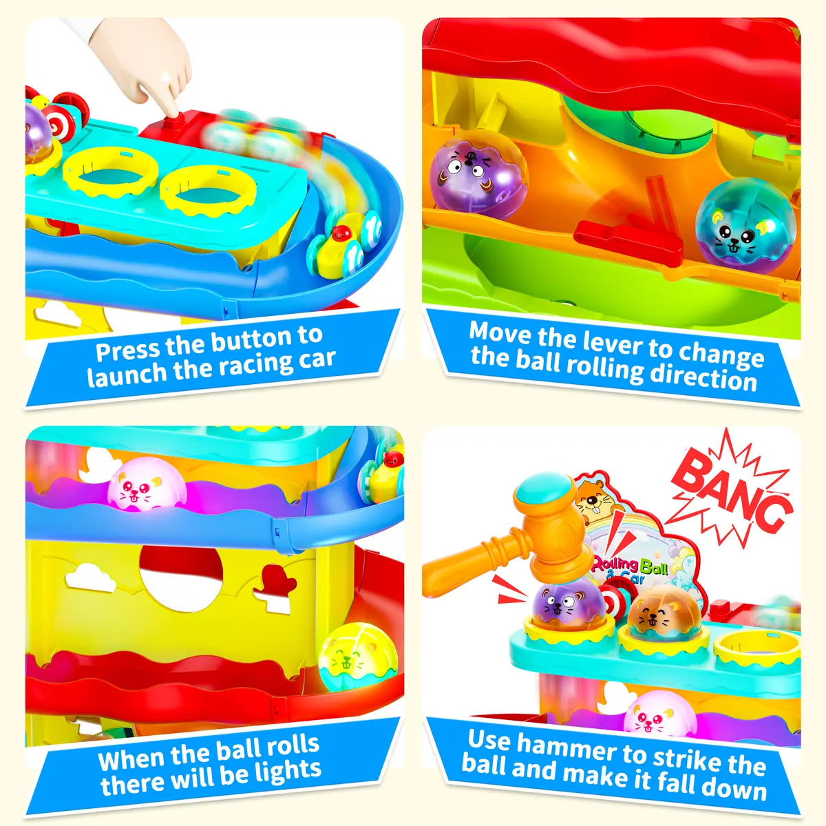👧🌺Children's Day gift🔥2-in-1 Rolling Ball & Car Ramp Toy – Montessori Learning Game with Hammer & Lights