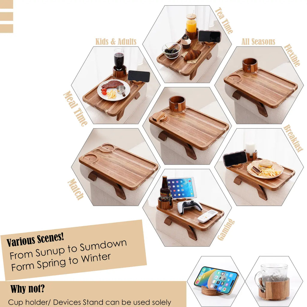 3-in-1 Acacia Wood Couch Arm Tray – Clip-On TV Tray &amp; Cup Holder 🛋️🥫