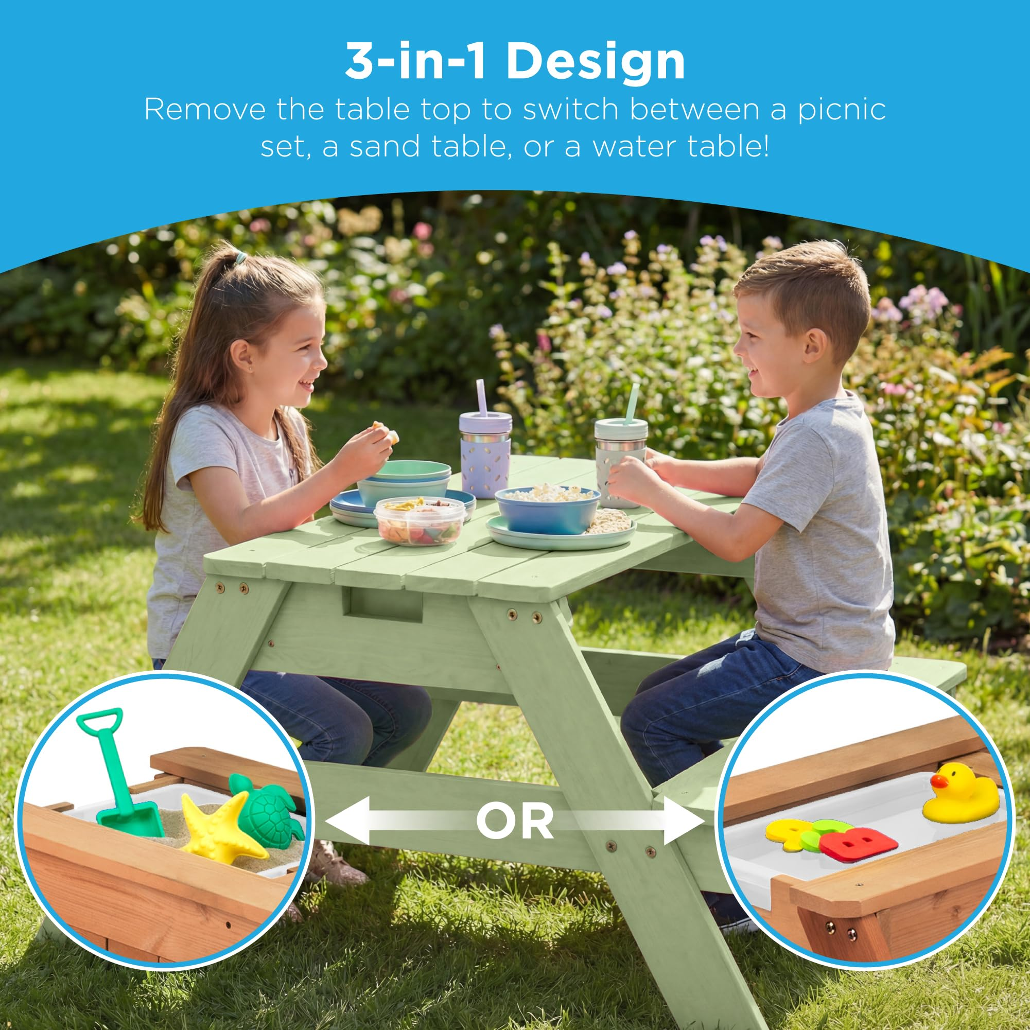 👶Children's Day gift👧Kids 3-in-1 Sand & Water Activity Table with Umbrella – Outdoor Convertible Picnic Table