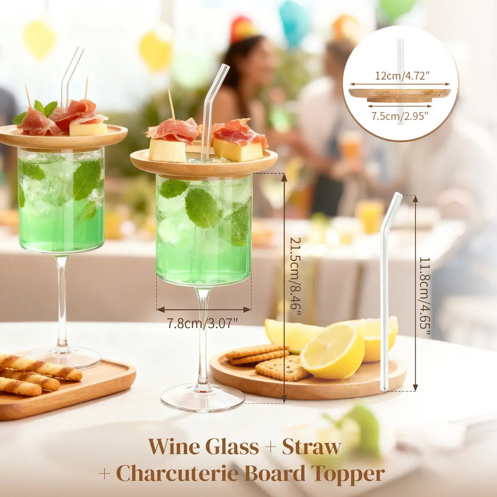 Wine Glass with Charcuterie Topper – Built‑in Snack Plate & Straw 🍷🧀