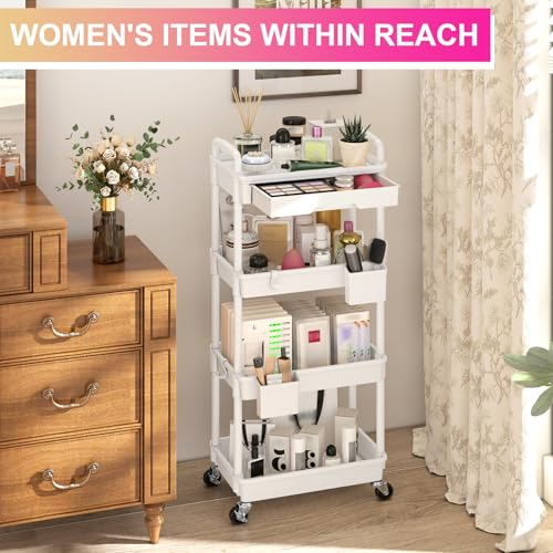 4-Tier Rolling Utility Cart – Lockable Wheels, Removable Drawer, Multi-Room Organizer