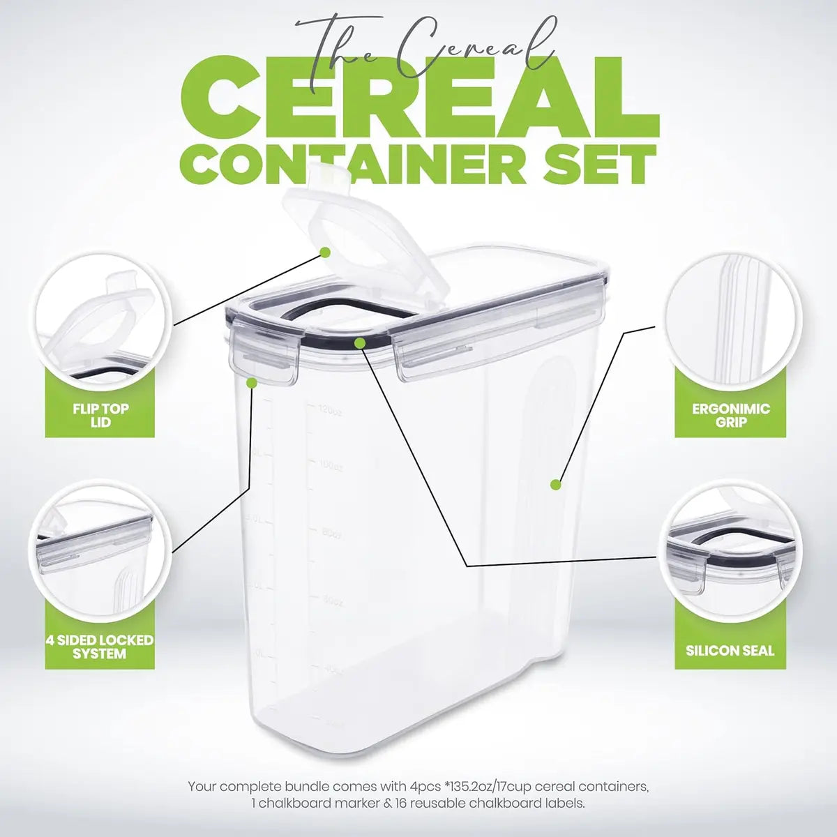 Kitchen 4-Pack Airtight Cereal Containers – 4L, BPA-Free, Leakproof Pantry Storage