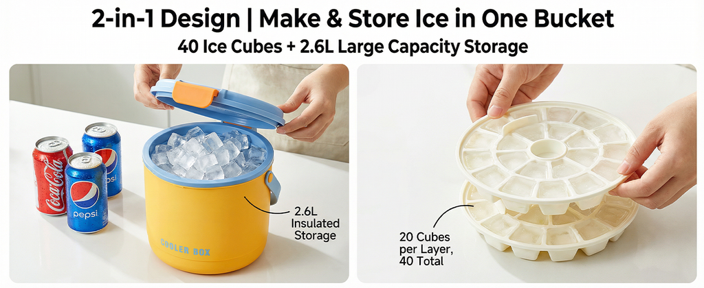 2-in-1 Ice Maker & Storage Bucket – Makes 40 Cubes, Insulated & Portable 🧊🪣