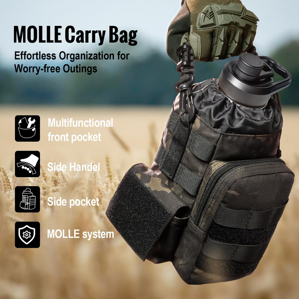 64 oz Tactical Water Bottle – Vacuum Insulated, 3 BPA-Free Lids, Includes MOLLE Pouch