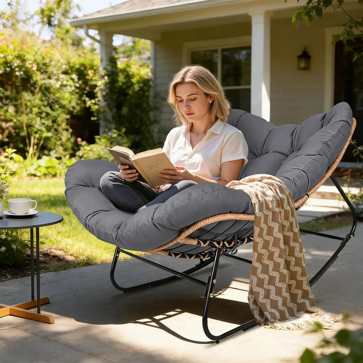 Oversized Wicker Papasan Rocking Chair with Cushion – 450 lb Capacity, Indoor/Outdoor Lounge Chair