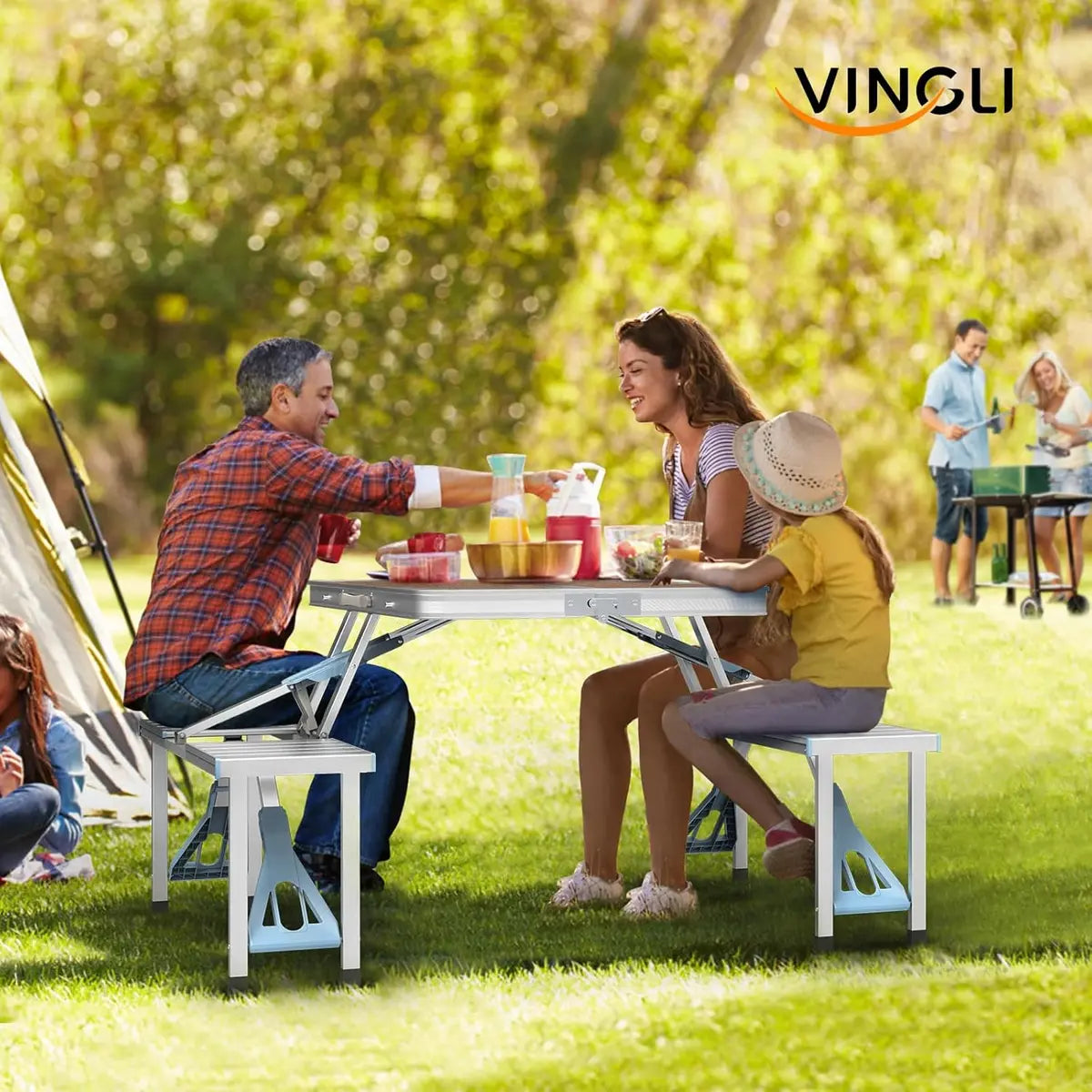 4ft Folding Camping Table Set with 4 Seats – Lightweight Portable Picnic & RV Table with Umbrella Hole, 220lb Support