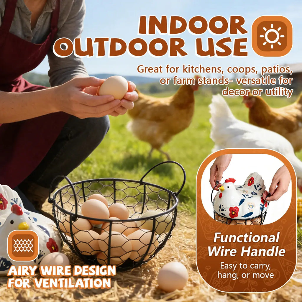 Ceramic Egg Basket with Chicken Lid – Holds 20-25 Eggs, Farmhouse Kitchen Countertop Storage