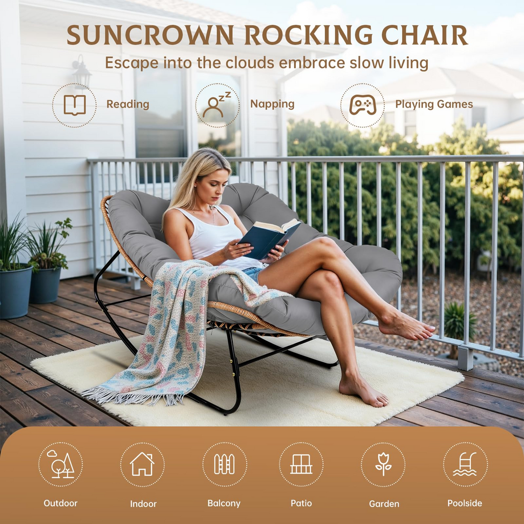 Oversized Wicker Papasan Rocking Chair with Cushion – 450 lb Capacity, Indoor/Outdoor Lounge Chair