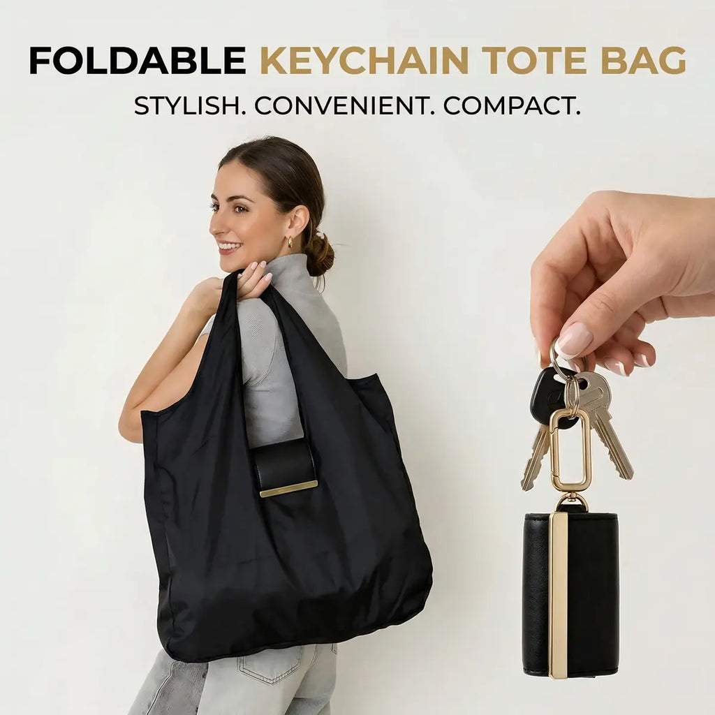 Keychain Foldable Tote Bag – Nylon &Leather, Expandable Design 👜🔑