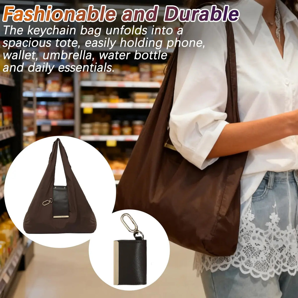 Keychain Foldable Tote Bag – Nylon &Leather, Expandable Design 👜🔑