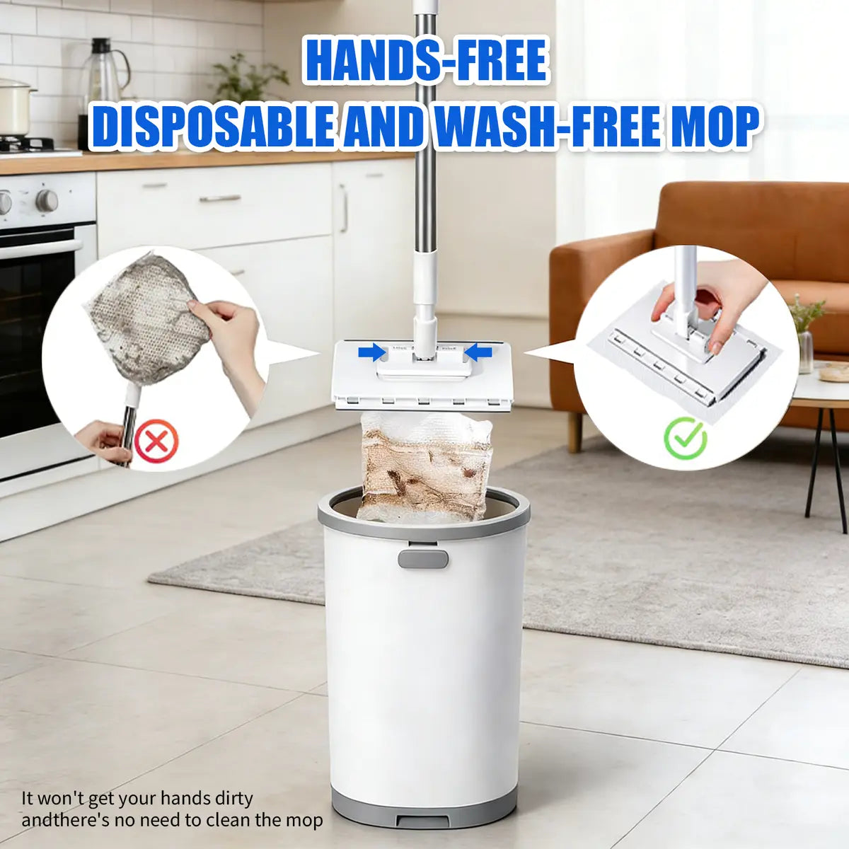Disposable Mop, Hands-Free Floor Mop with Clamp, Dry Wet Use Dust Mop for Hardwood & Tile
