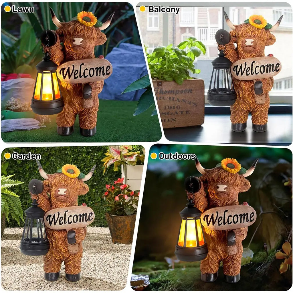 Highland Cow Garden Lantern Statue – Solar-Powered Farmhouse Welcome 🐄🏡