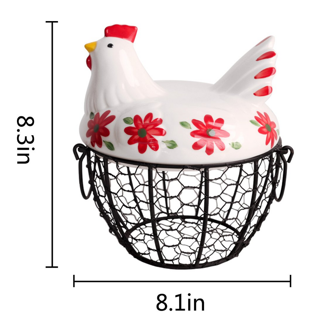 Ceramic Egg Basket with Chicken Lid – Holds 20-25 Eggs, Farmhouse Kitchen Countertop Storage
