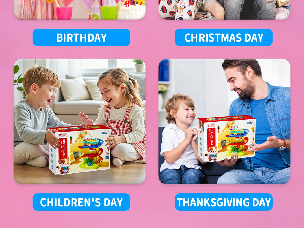 👧🌺Children's Day gift🔥2-in-1 Rolling Ball & Car Ramp Toy – Montessori Learning Game with Hammer & Lights