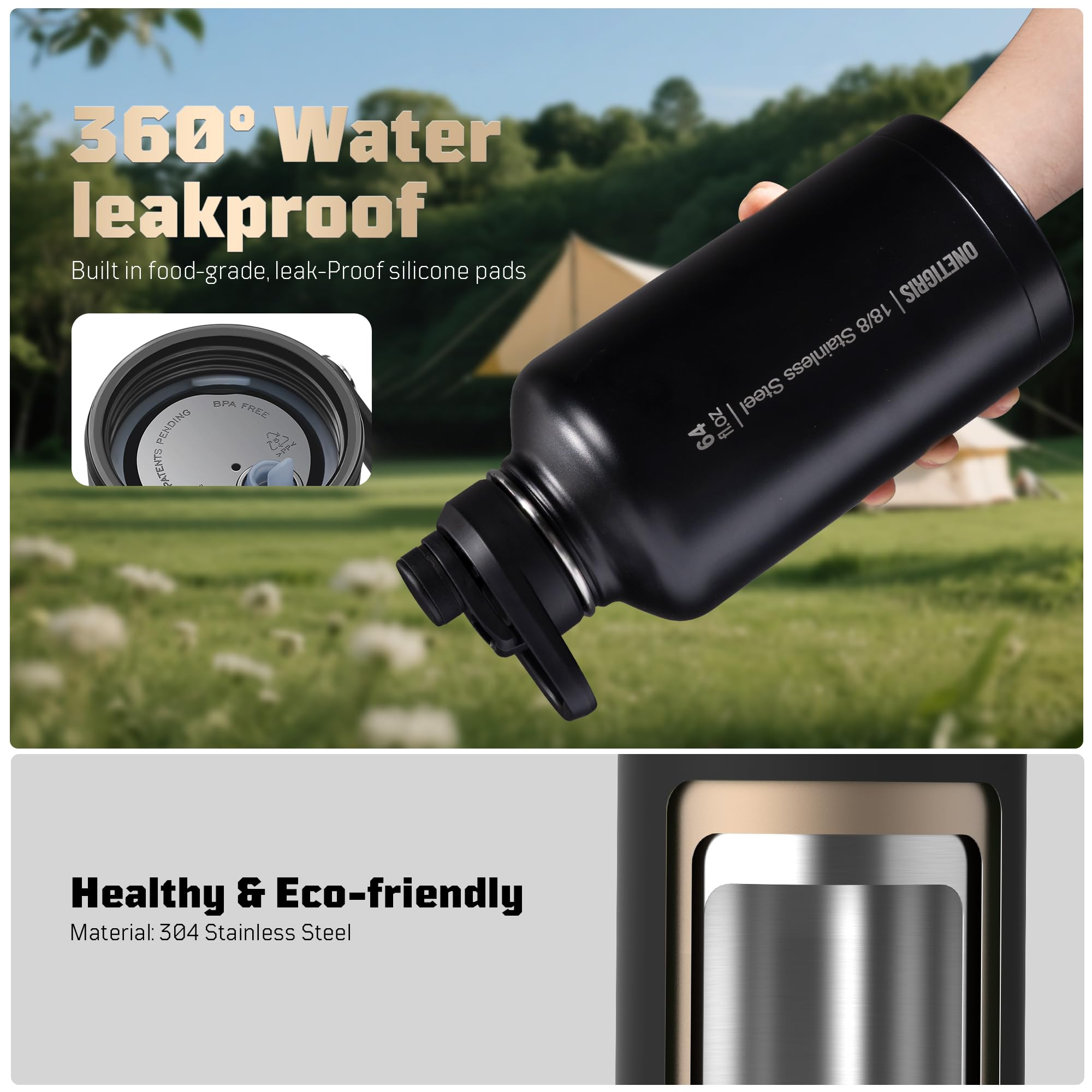 64 oz Tactical Water Bottle – Vacuum Insulated, 3 BPA-Free Lids, Includes MOLLE Pouch