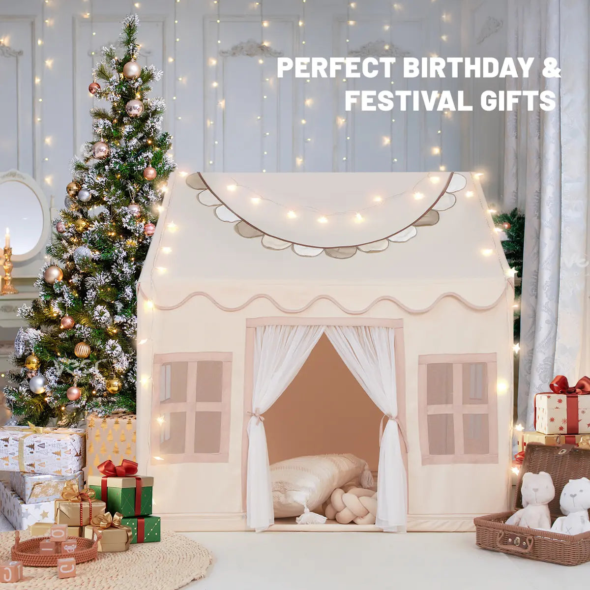Beige Kids Play Tent with Star Lights &Mat – 47″ Playhouse 🎪🌟