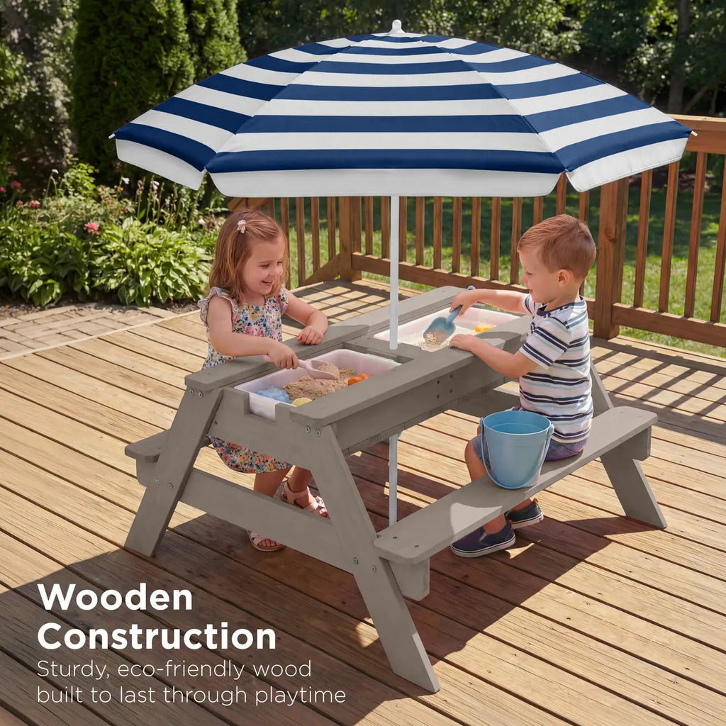 👶Children's Day gift👧Kids 3-in-1 Sand & Water Activity Table with Umbrella – Outdoor Convertible Picnic Table
