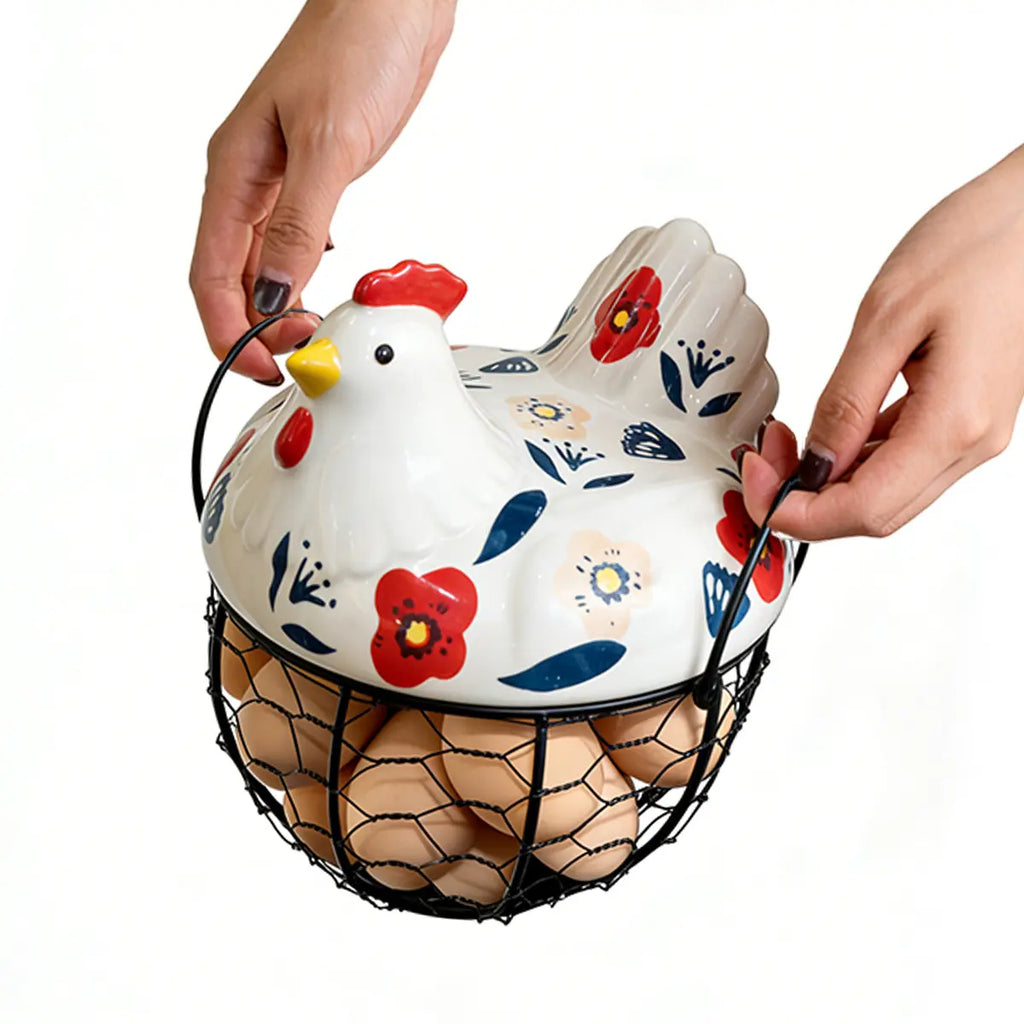 Ceramic Egg Basket with Chicken Lid – Holds 20-25 Eggs, Farmhouse Kitchen Countertop Storage