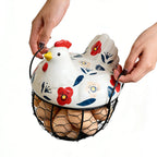 Ceramic Egg Basket with Chicken Lid – Holds 20-25 Eggs, Farmhouse Kitchen Countertop Storage