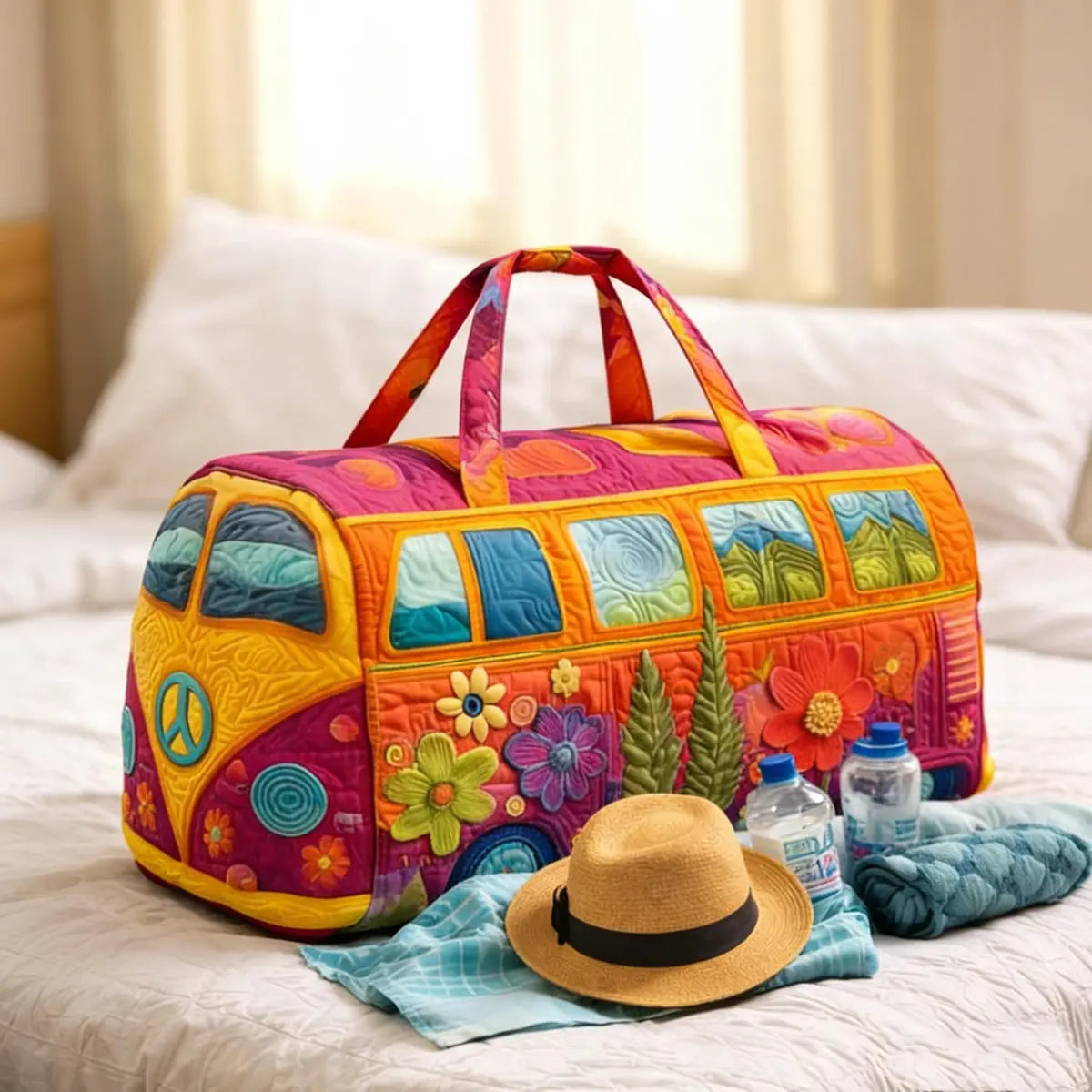 Unisex Boho Quilted Weekender Travel Bag, Lightweight & Comfortable, Hippie Design