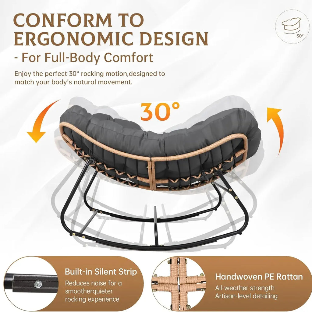 Oversized Wicker Papasan Rocking Chair with Cushion – 450 lb Capacity, Indoor/Outdoor Lounge Chair