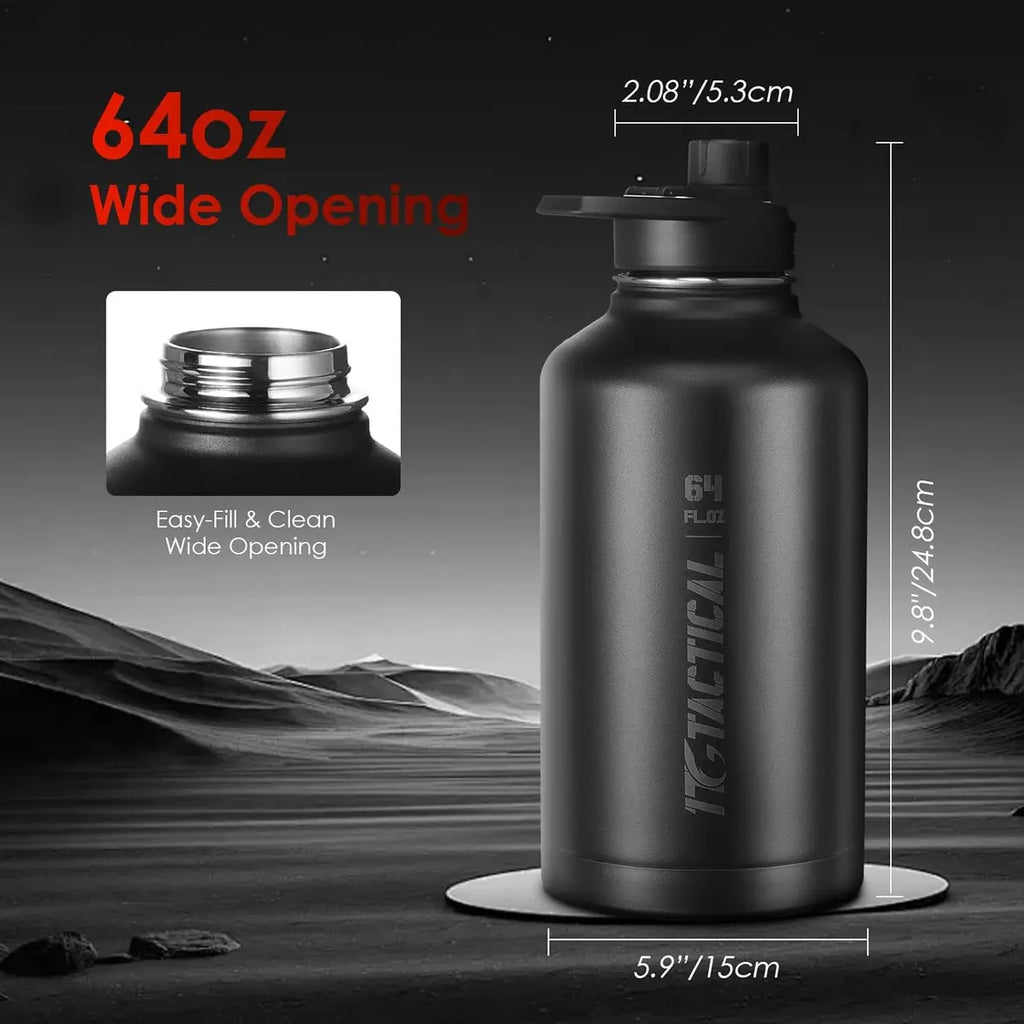 64 oz Tactical Water Bottle – Vacuum Insulated, 3 BPA-Free Lids, Includes MOLLE Pouch