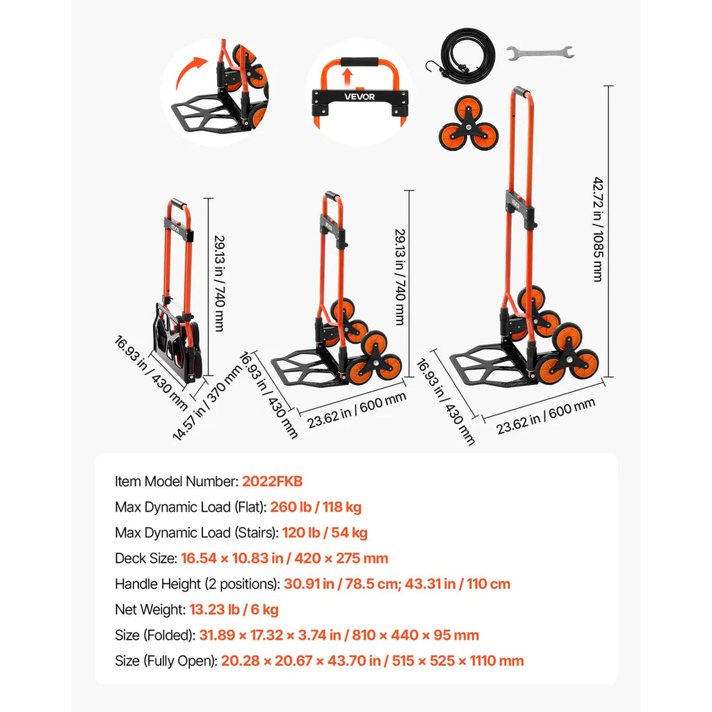 Stair Climbing Cart – 260 lb Capacity, Foldable with Telescoping Handle & 6 Mute Wheels