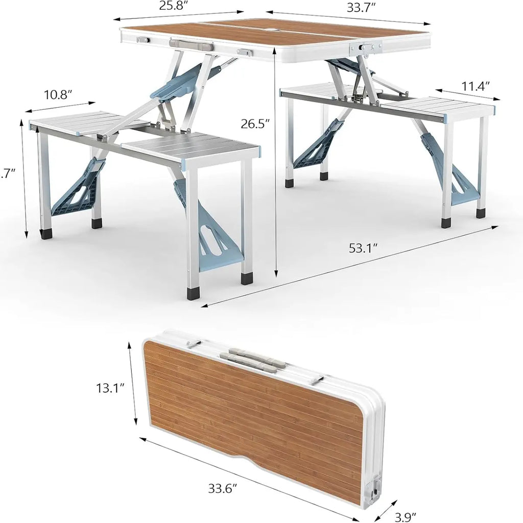 4ft Folding Camping Table Set with 4 Seats – Lightweight Portable Picnic & RV Table with Umbrella Hole, 220lb Support