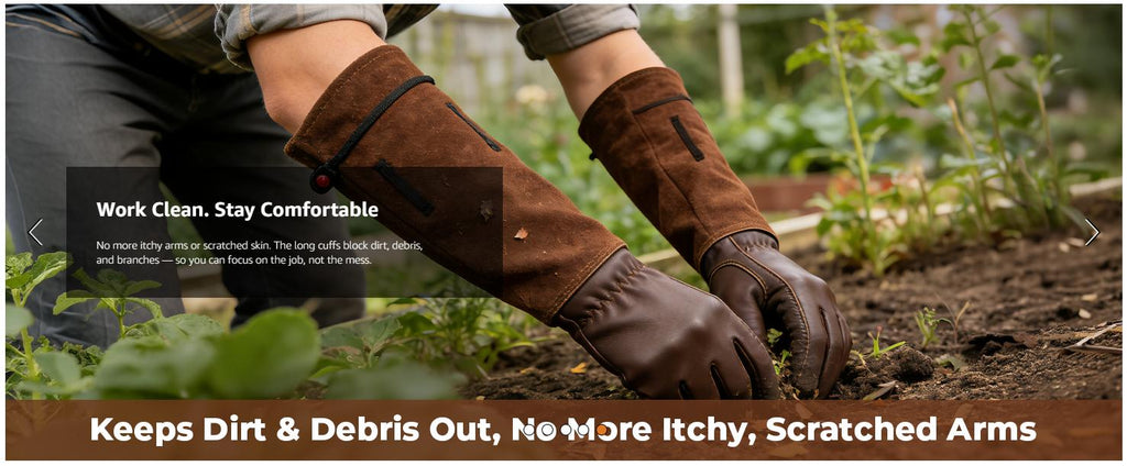 Leather Gardening Gloves – Long Cuff, Adjustable Strap, Sun & Dirt Protection