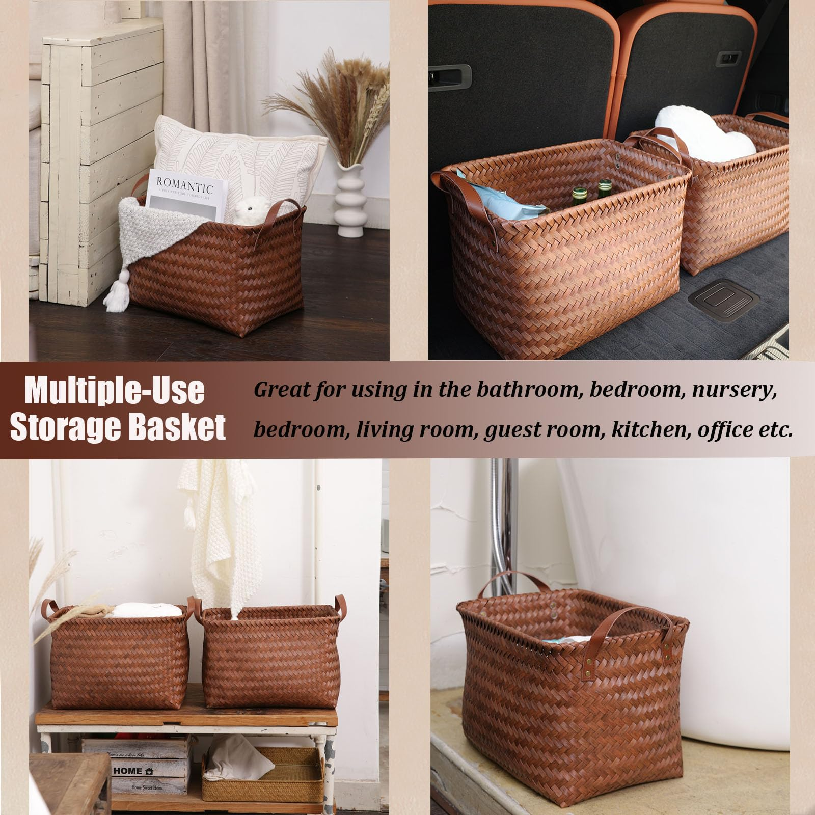 Handwoven Wicker Storage Baskets – Set of 4&8, Vegan Leather Handles 🧺