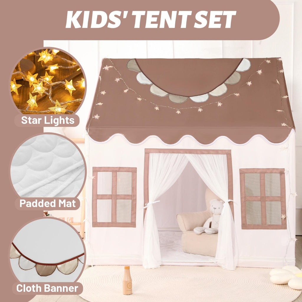 Beige Kids Play Tent with Star Lights &Mat – 47″ Playhouse 🎪🌟