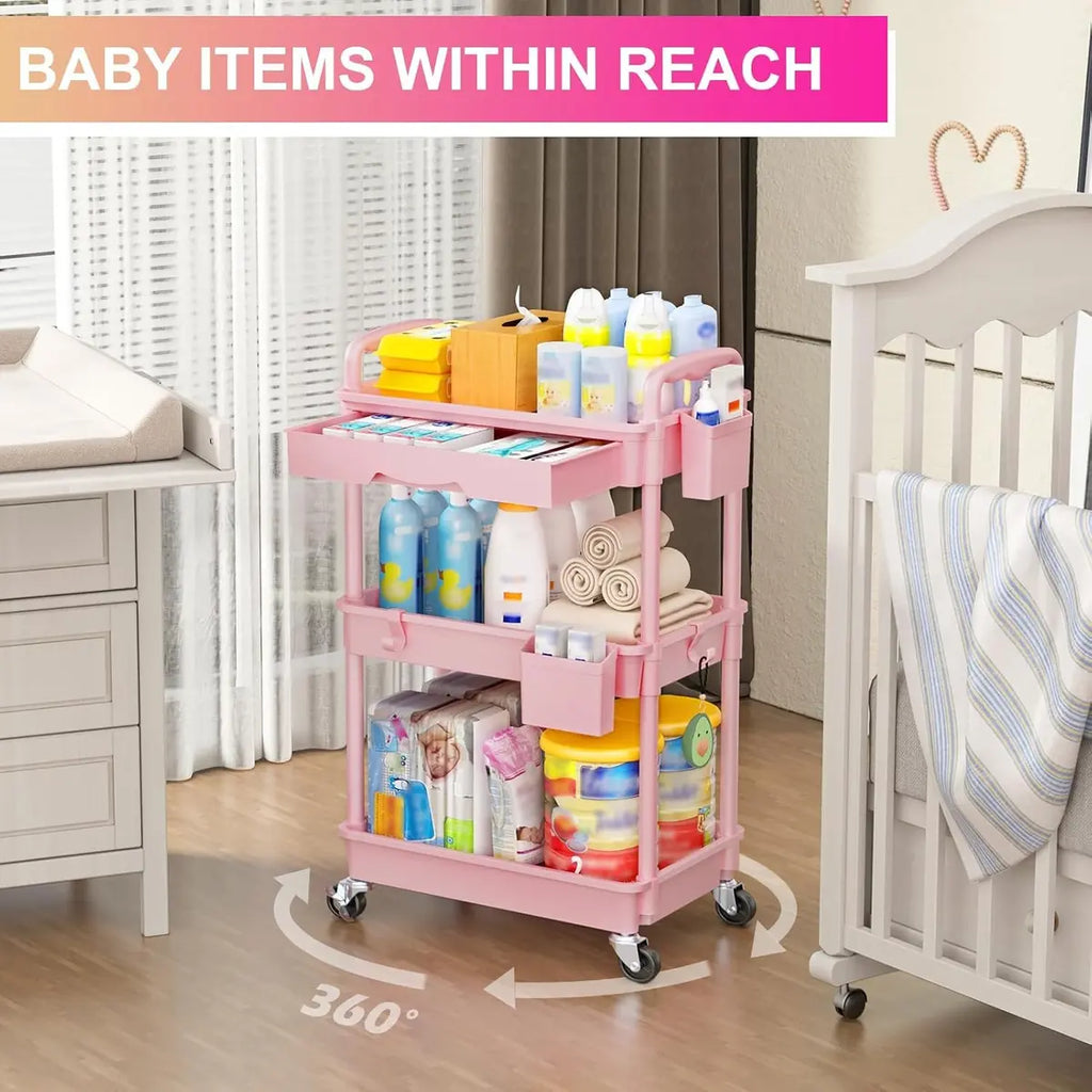 4-Tier Rolling Utility Cart – Lockable Wheels, Removable Drawer, Multi-Room Organizer
