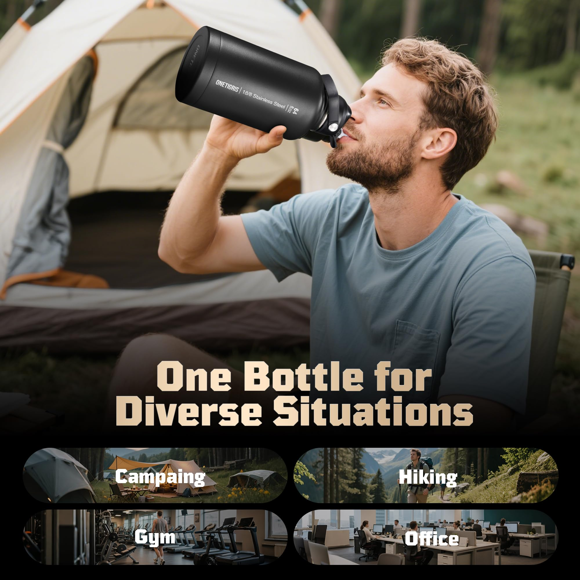 64 oz Tactical Water Bottle – Vacuum Insulated, 3 BPA-Free Lids, Includes MOLLE Pouch