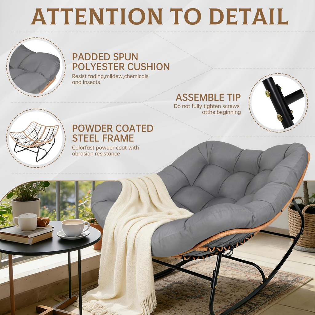 Oversized Wicker Papasan Rocking Chair with Cushion – 450 lb Capacity, Indoor/Outdoor Lounge Chair