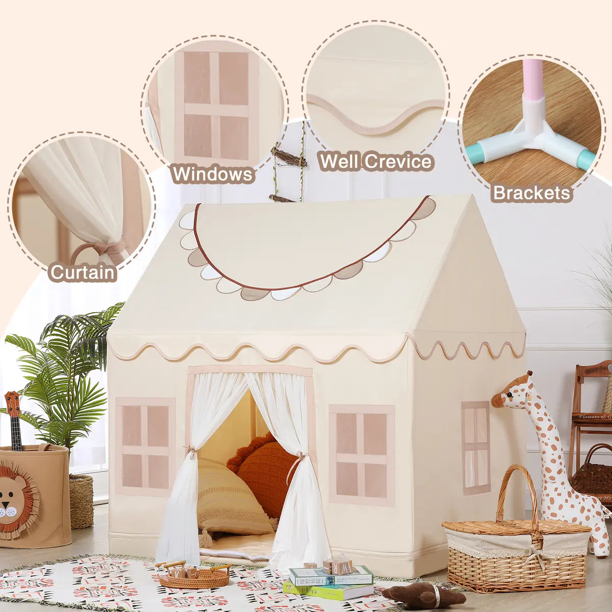 Beige Kids Play Tent with Star Lights &Mat – 47″ Playhouse 🎪🌟