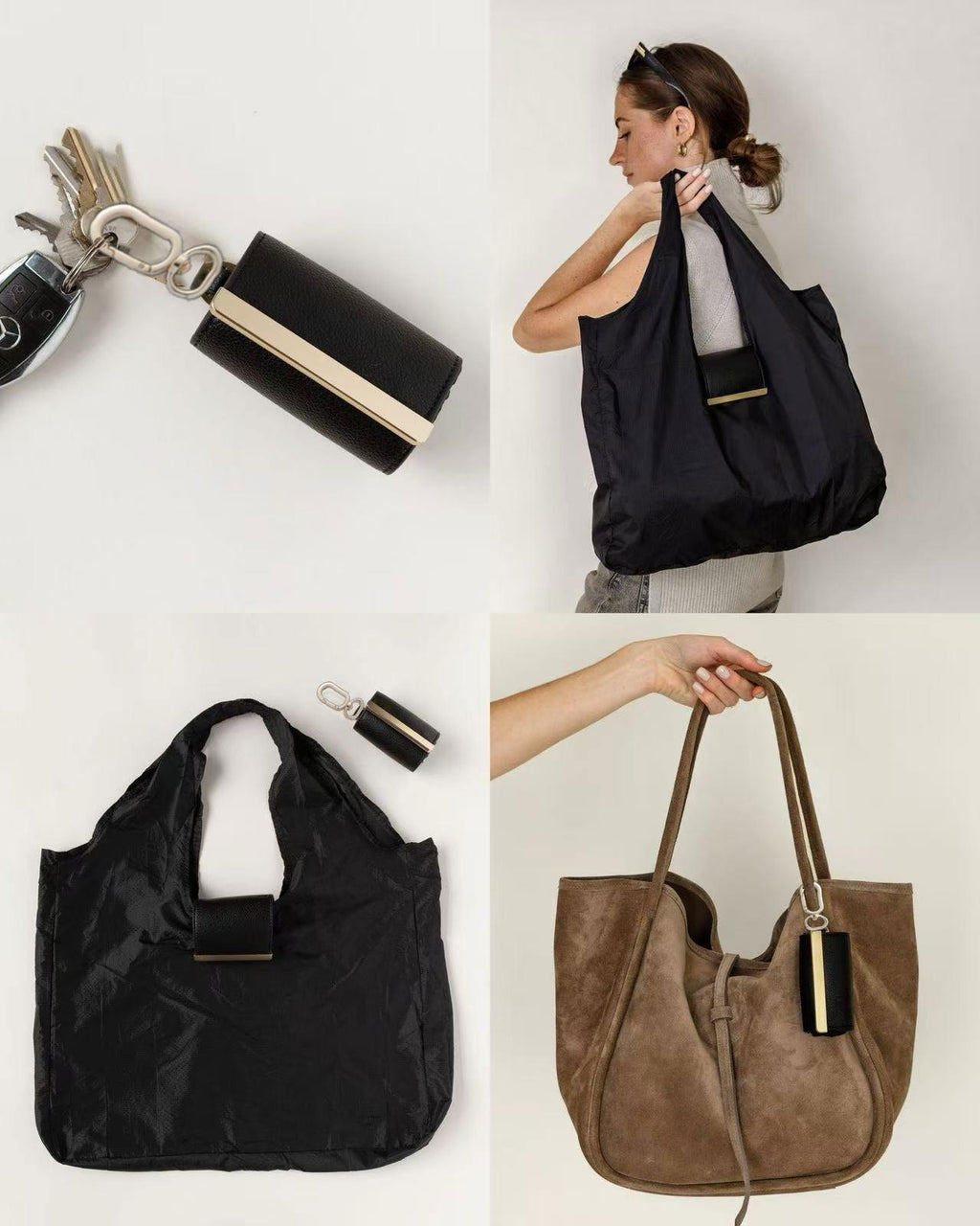 Keychain Foldable Tote Bag – Nylon &Leather, Expandable Design 👜🔑