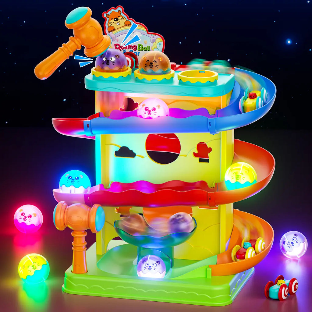 👧🌺Children's Day gift🔥2-in-1 Rolling Ball & Car Ramp Toy – Montessori Learning Game with Hammer & Lights