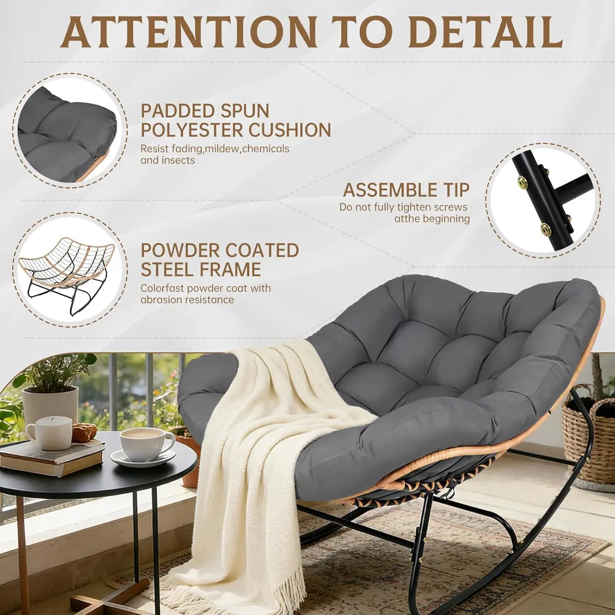Oversized Wicker Papasan Rocking Chair with Cushion – 450 lb Capacity, Indoor/Outdoor Lounge Chair