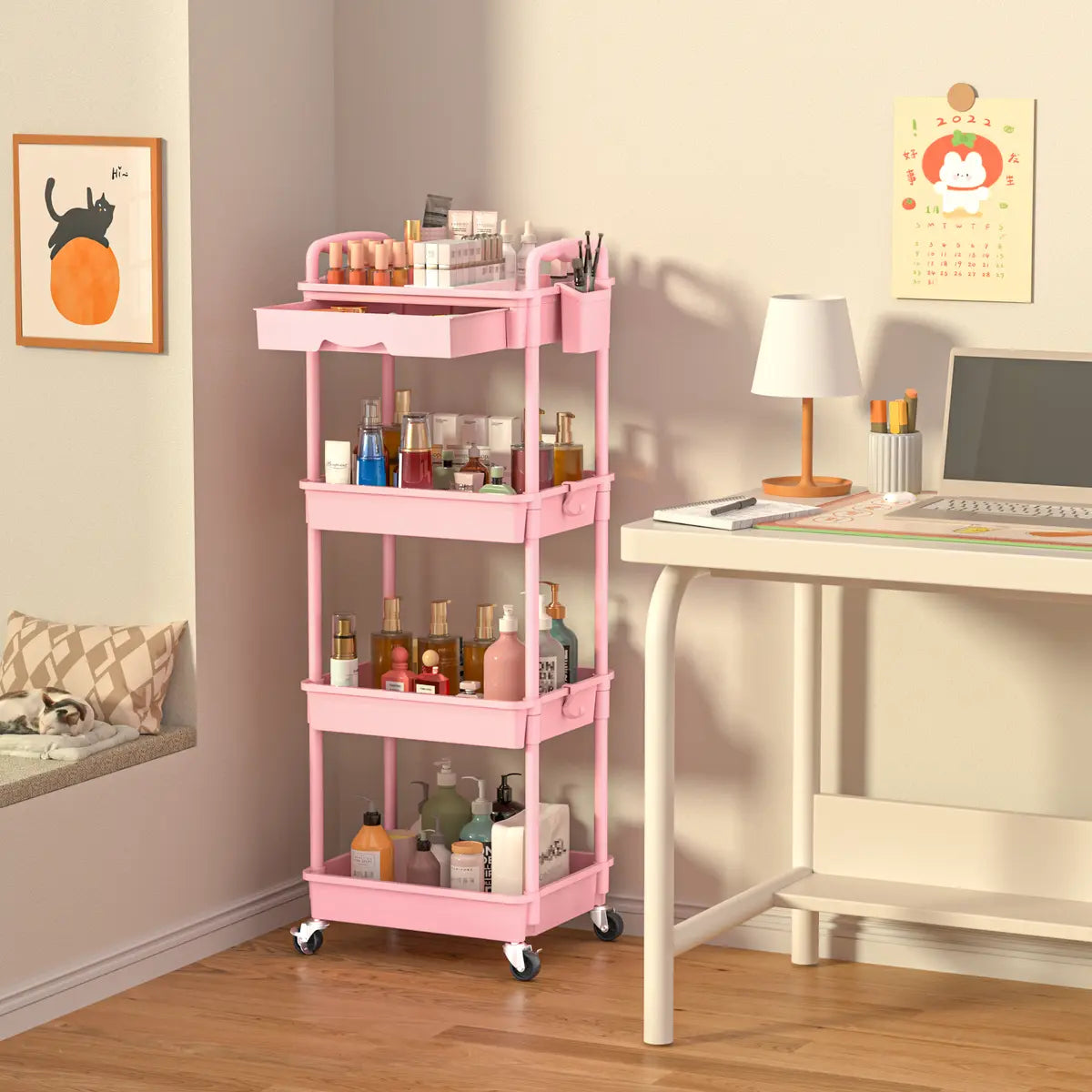 4-Tier Rolling Utility Cart – Lockable Wheels, Removable Drawer, Multi-Room Organizer
