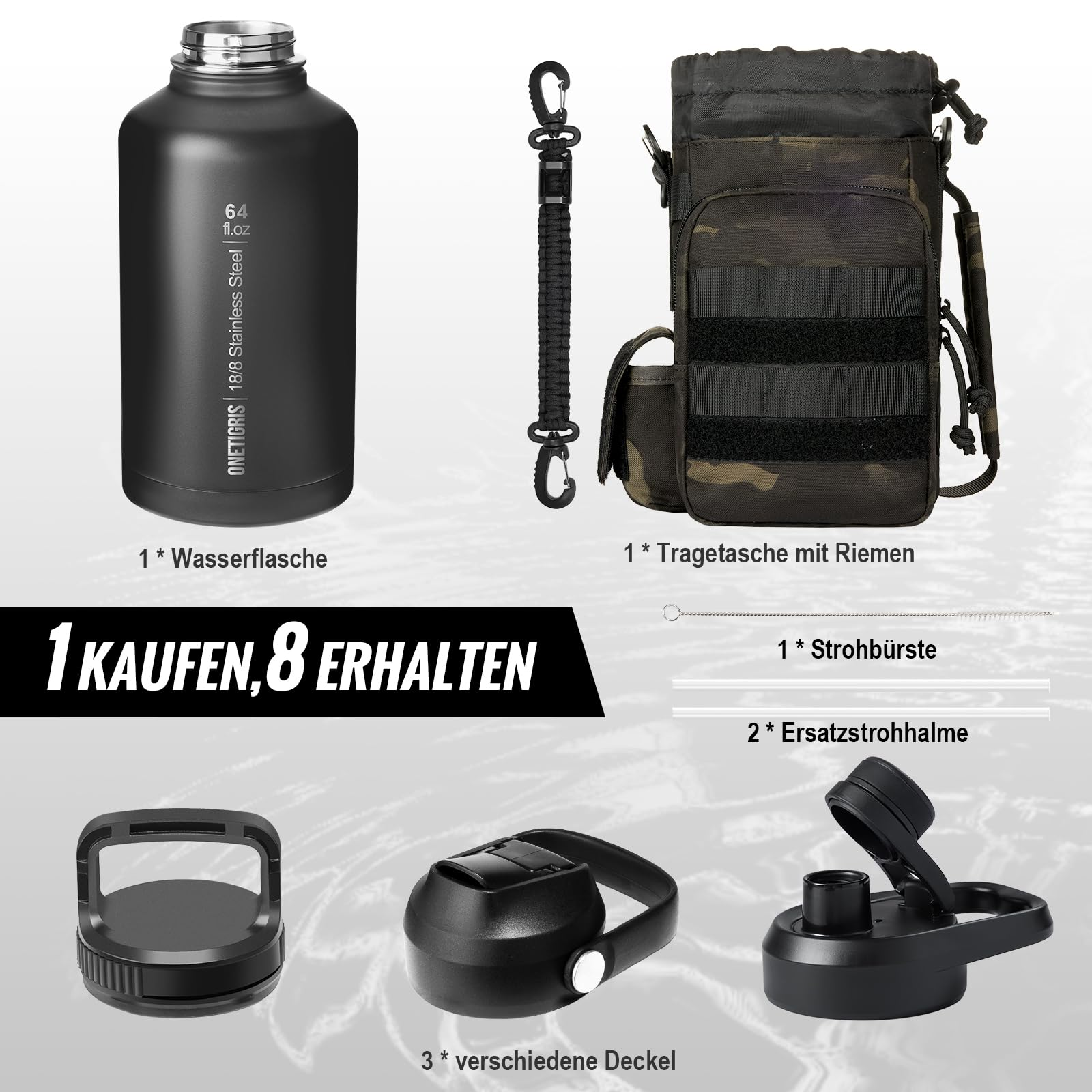 64 oz Tactical Water Bottle – Vacuum Insulated, 3 BPA-Free Lids, Includes MOLLE Pouch