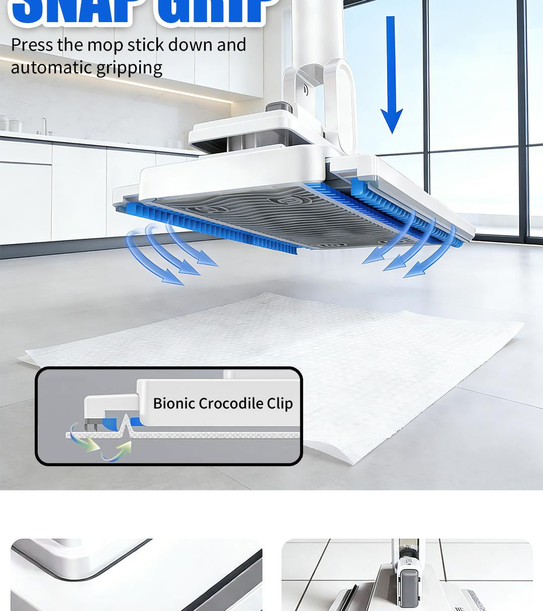 Disposable Mop, Hands-Free Floor Mop with Clamp, Dry Wet Use Dust Mop for Hardwood & Tile