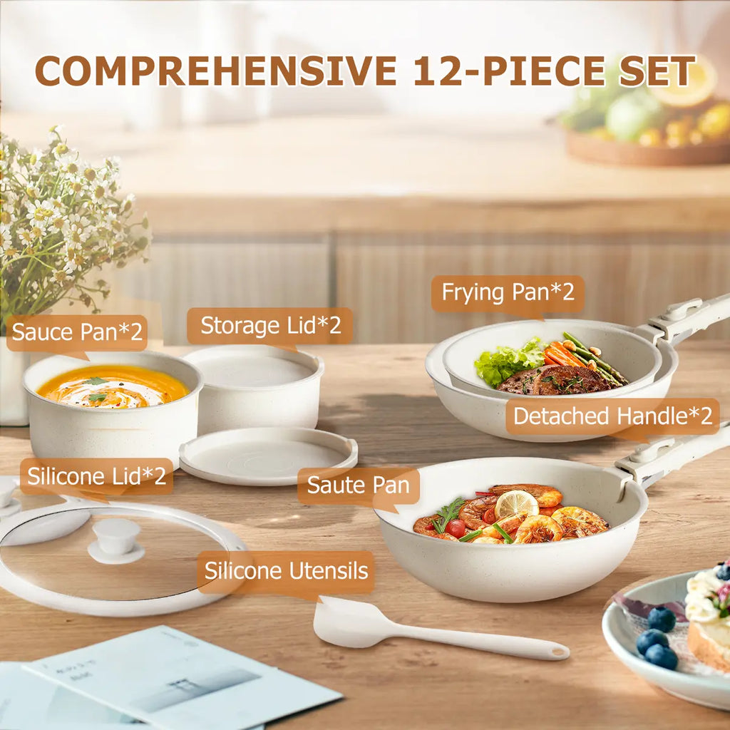 Summer Deal: 12-Piece Nonstick Pots & Pans Set with Detachable Handle - Induction, Oven & Dishwasher Safe