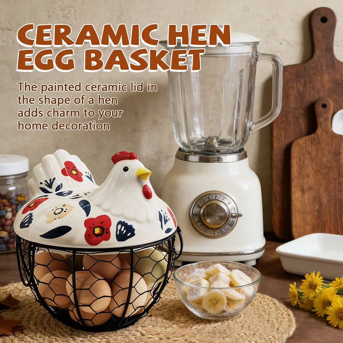 Ceramic Egg Basket with Chicken Lid – Holds 20-25 Eggs, Farmhouse Kitchen Countertop Storage
