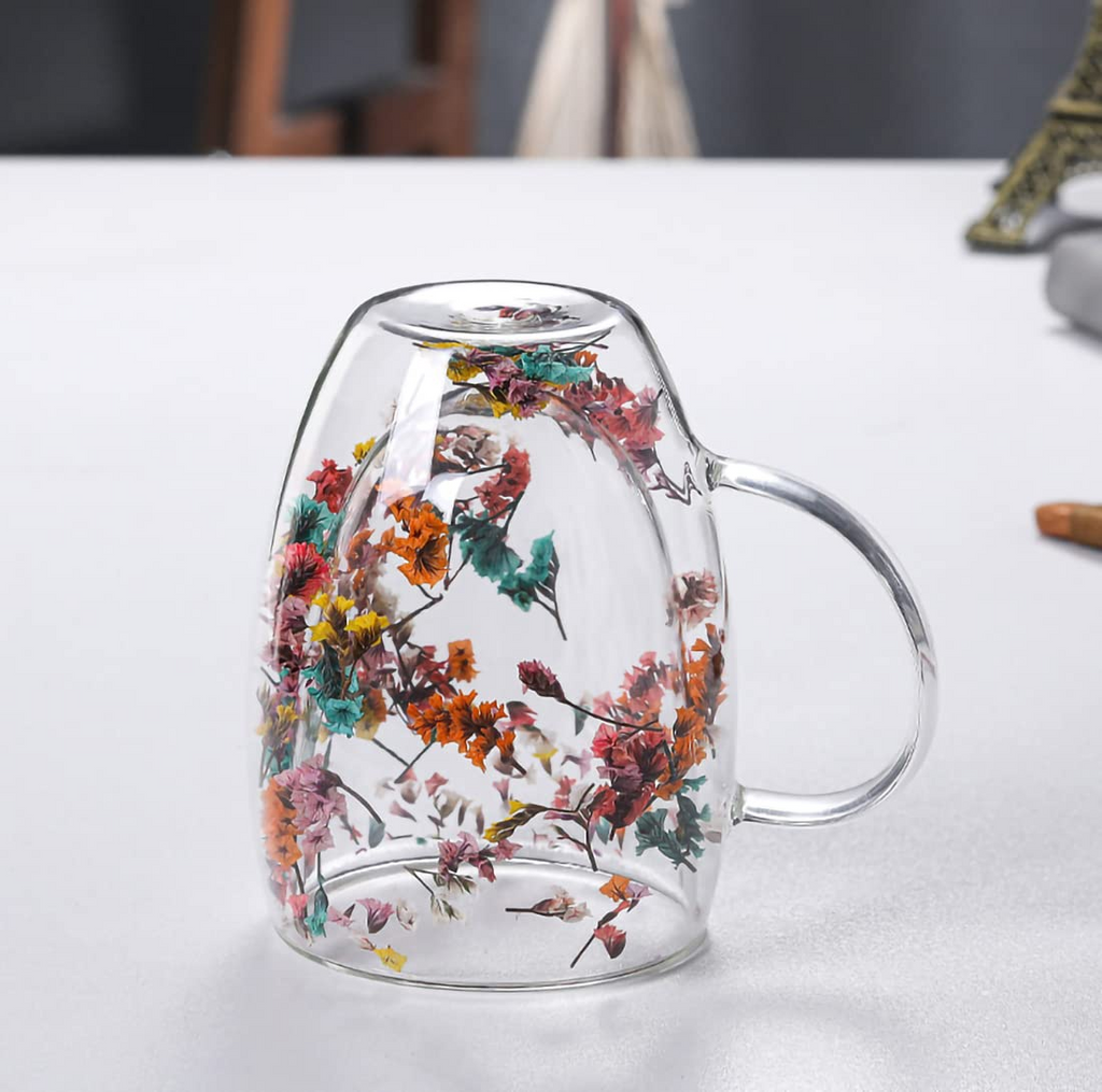 Double Layer Dried Flower Glass Mug – 10oz Tea &Coffee Cup 🌸🍵